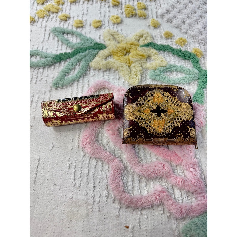 Vintage Italian Coin Purse Lipstick Holder Set Ornate Gold‎ Red